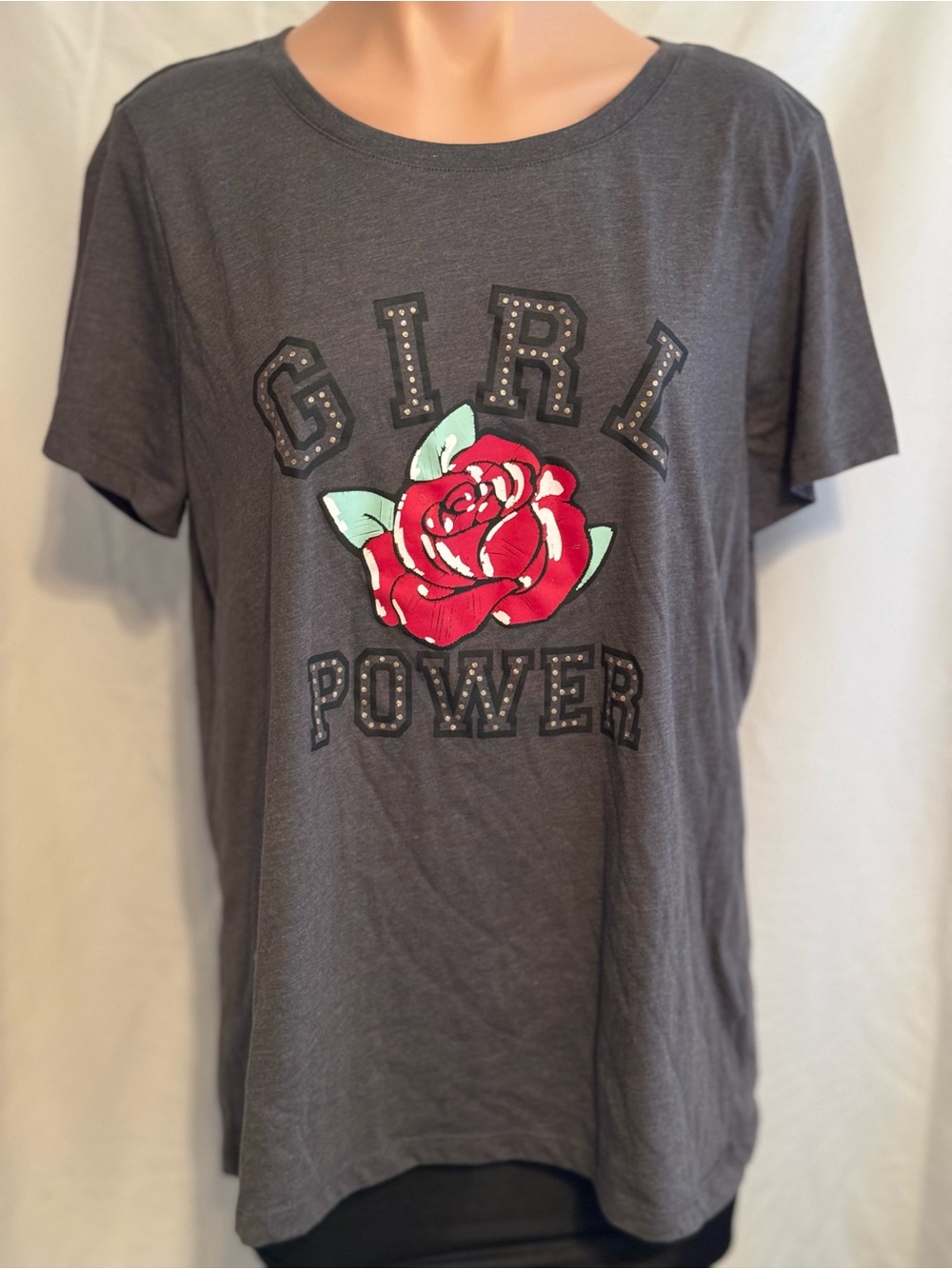 Gray Short Sleeve Tee with Red Rose "Girl Power"